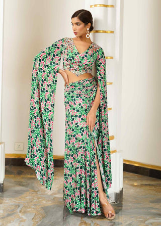 Green pink floral draped skirt and bustier