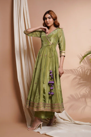 Green purple tissue silk angrakha anarkali set