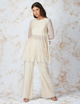 Ivory baroque work tiered tunic and pants