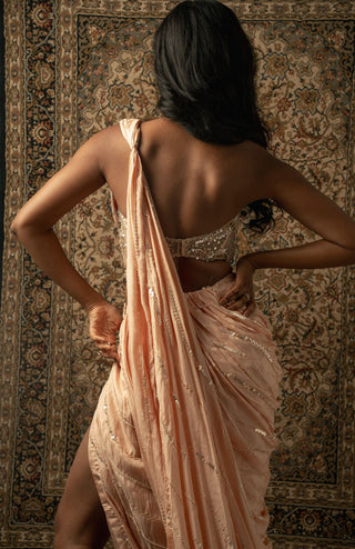 Peach pre-draped saree and blouse