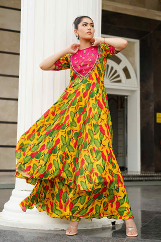 Yellow ginger flower yoke anarkali set