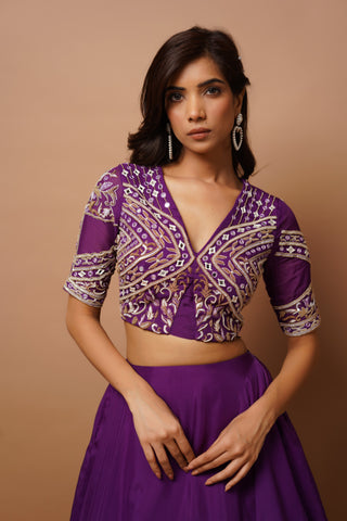 Dark purple organza indo lehenga and blouse