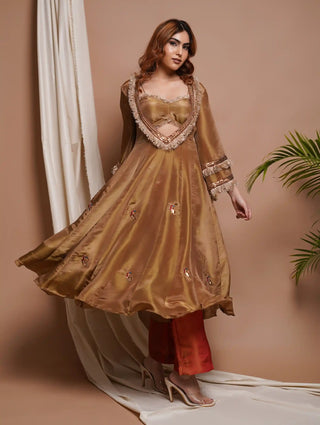 Golden tissue silk anarkali suit set