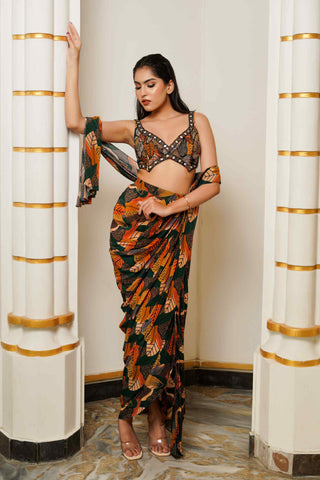 Leaf print drape saree with bralette