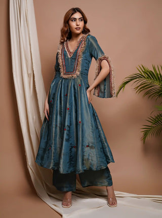 Blue red tissue silk anarkali suit set