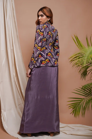 Violet digital printed coat and drape skirt