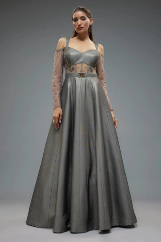 Grey polylurex and net pachwork gown