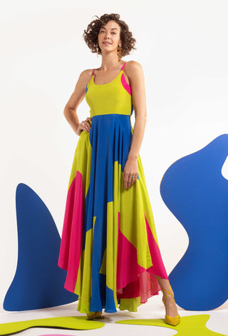 Multicolor dopmanine back tie up high low maxi