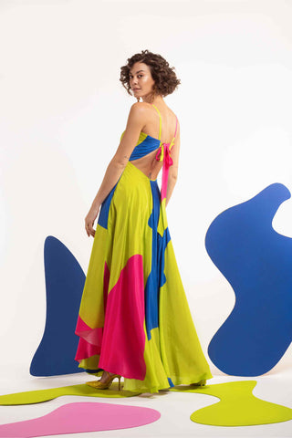 Multicolor dopmanine back tie up high low maxi