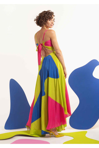 Multicolor dopmanine back tie up high low maxi