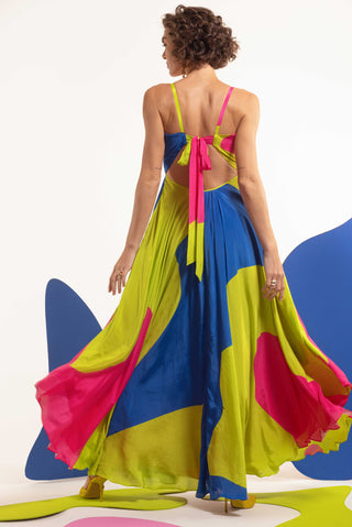 Multicolor dopmanine back tie up high low maxi