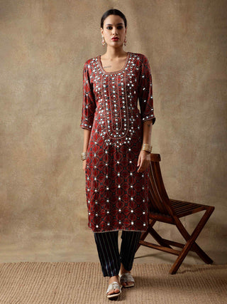 Red yoke ajrakh silk kurta set