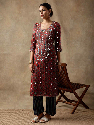 Red yoke ajrakh silk kurta set