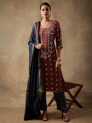 Red yoke ajrakh silk kurta set