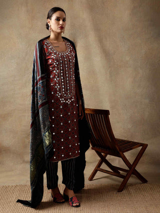 Red yoke ajrakh silk kurta set