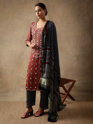 Red yoke ajrakh silk kurta set