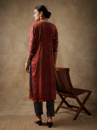 Red ajrakh silk kurta set