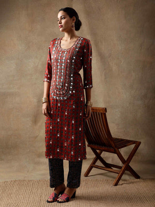 Red ajrakh silk kurta set