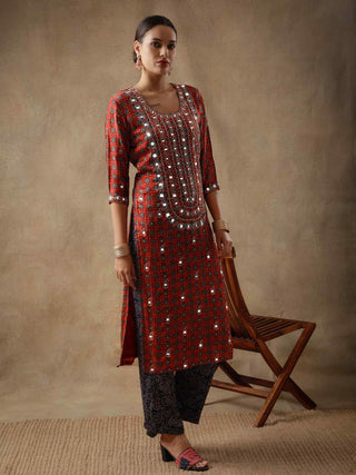 Red ajrakh silk kurta set