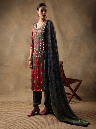 Red ajrakh silk kurta set