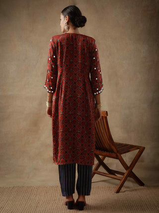 Red ajrakh silk kurta set