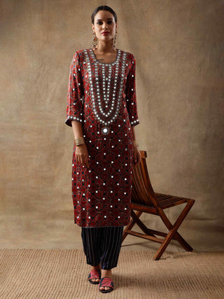 Red ajrakh silk kurta set