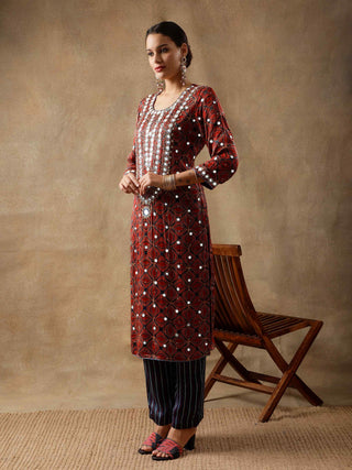 Red ajrakh silk kurta set