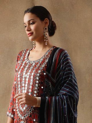 Red ajrakh silk kurta set