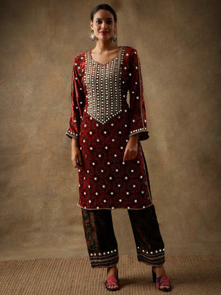 Crimson red velvet and silk kurta set