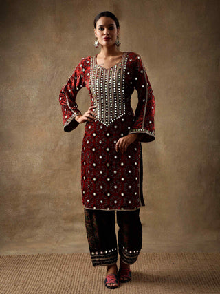 Crimson red velvet and silk kurta set