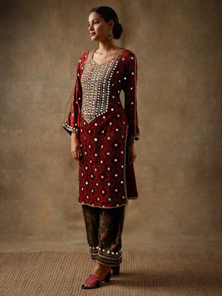 Crimson red velvet and silk kurta set