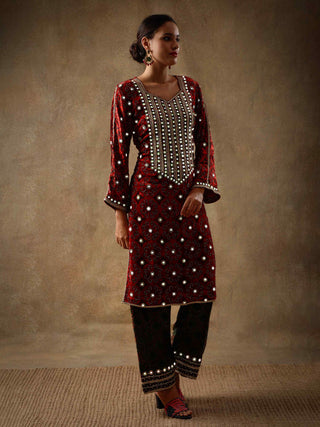 Crimson red velvet and silk kurta set