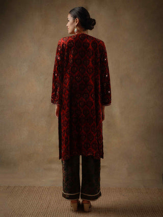 Crimson red velvet and silk kurta set