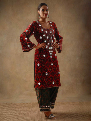 Red velvet and silk kurta set