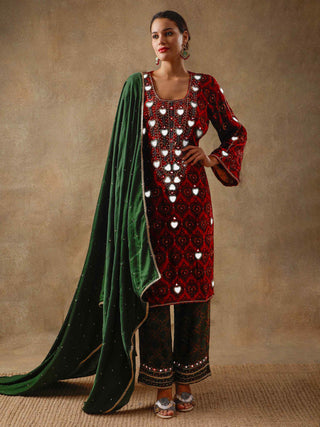 Red velvet and silk kurta set