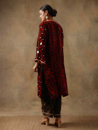 Red velvet and silk kurta set