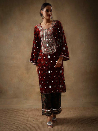 Ruby red velvet & silk kurta set