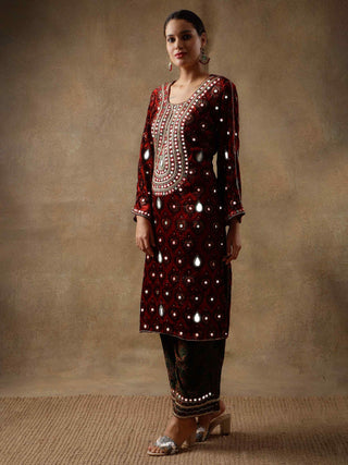 Ruby red velvet & silk kurta set