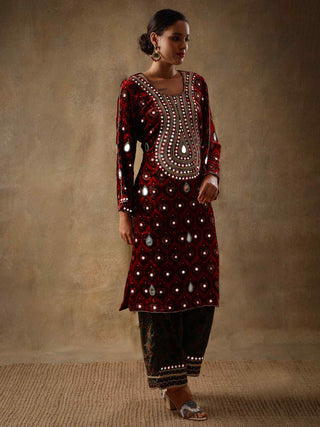 Ruby red velvet & silk kurta set