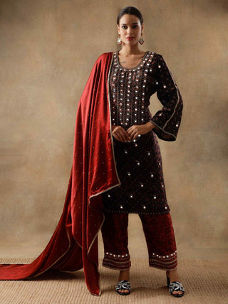 Black velvet and silk kurta set