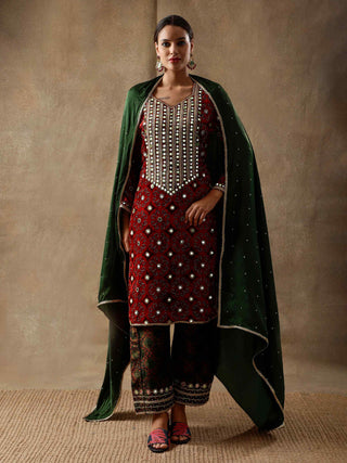 Crimson red velvet and silk kurta set