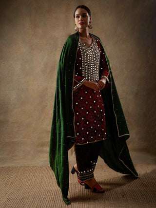 Crimson red velvet and silk kurta set