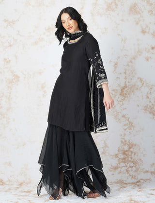 Black antique work black gharara and kurta set