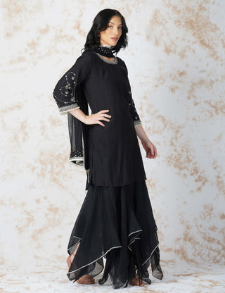 Black antique work black gharara and kurta set