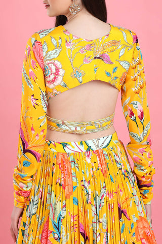 Yellow floral overlap blouse and lehenga set