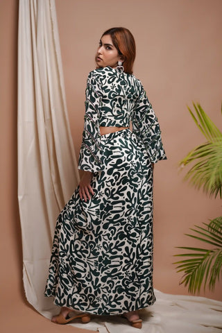 White-green digital printed drape skirt and bustier