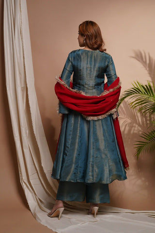 Blue red tissue silk anarkali suit set