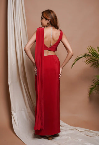 Red pre-stitched draped saree and bustier