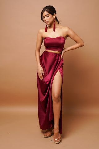 Wine bustier, cowl skirt and shrug