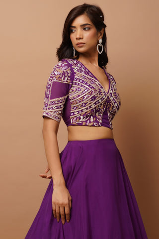 Dark purple organza indo lehenga and blouse